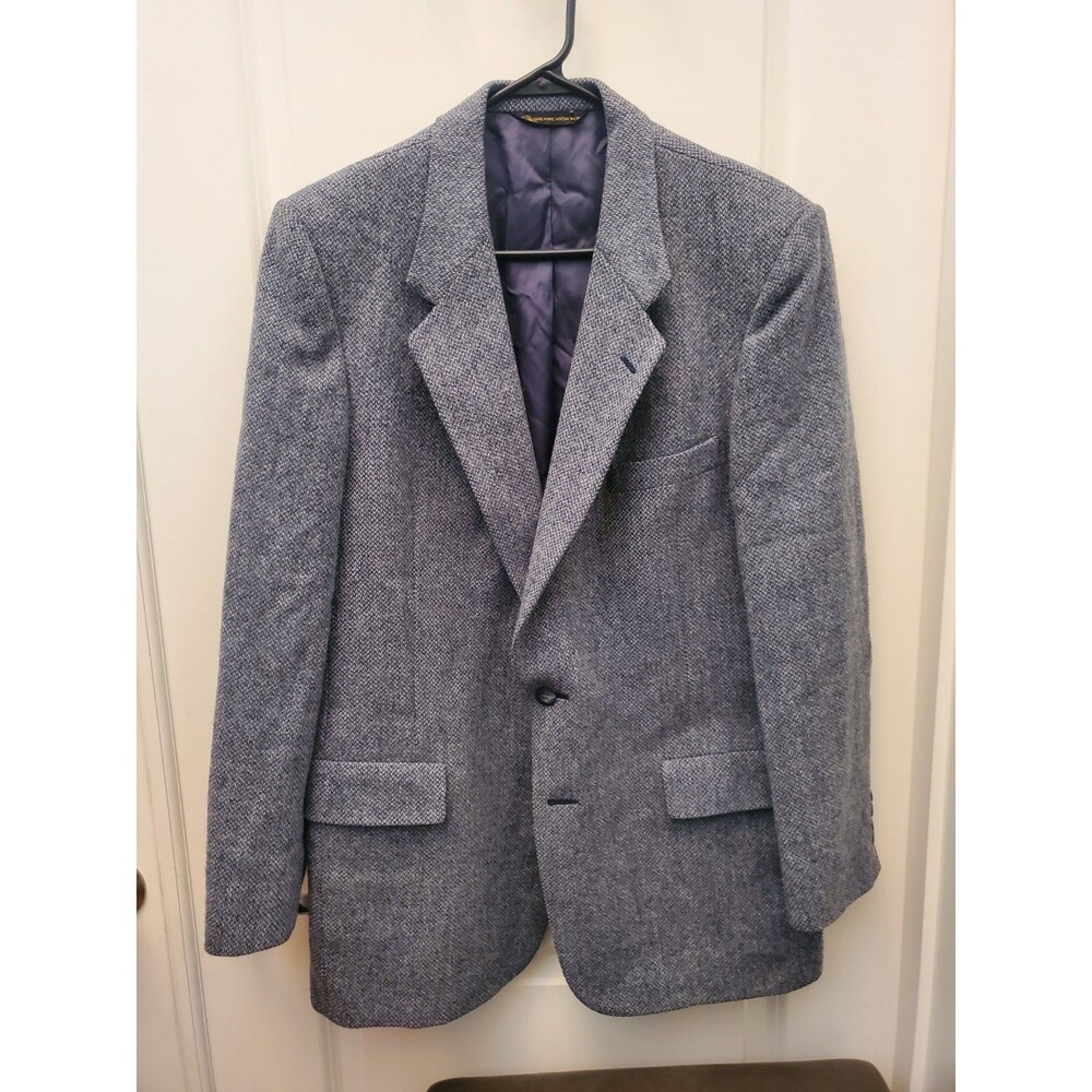Vintage Christian Dior Mens Blazer Jacket 40R Gray Blue Tweed Wool Suit Coat